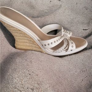 Enzo white wedge sandals, 3 1/2 inch heel